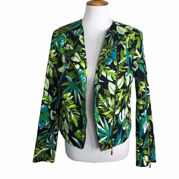 WD.NY Tropical Leaf Moto Jacket Sz. M Black Green - Picture 2 of 12